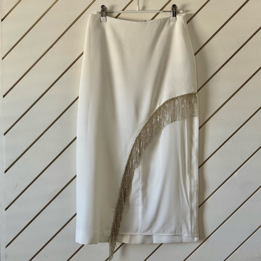 NBD White Asymmetrical Midi Skirt with Silver Chain Fringe